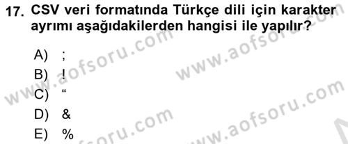 İşlem Tabloları Dersi 2020 - 2021 Yılı Yaz Okulu Sınav Soruları 17. Soru