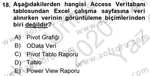 İşlem Tabloları Dersi 2020 - 2021 Yılı Yaz Okulu Sınav Soruları 18. Soru