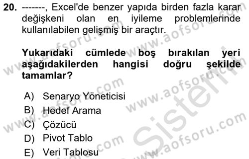 İşlem Tabloları Dersi 2020 - 2021 Yılı Yaz Okulu Sınav Soruları 20. Soru