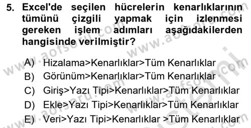 İşlem Tabloları Dersi 2020 - 2021 Yılı Yaz Okulu Sınav Soruları 5. Soru