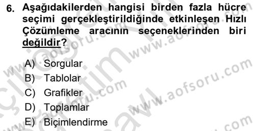 İşlem Tabloları Dersi 2020 - 2021 Yılı Yaz Okulu Sınav Soruları 6. Soru