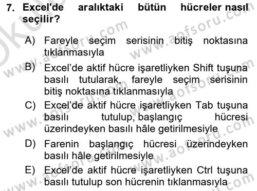 İşlem Tabloları Dersi 2020 - 2021 Yılı Yaz Okulu Sınav Soruları 7. Soru