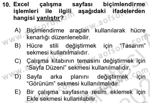 İşlem Tabloları Dersi 2021 - 2022 Yılı (Vize) Ara Sınav Soruları 10. Soru