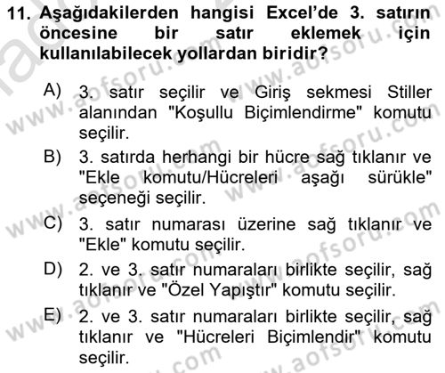 İşlem Tabloları Dersi 2021 - 2022 Yılı (Vize) Ara Sınav Soruları 11. Soru