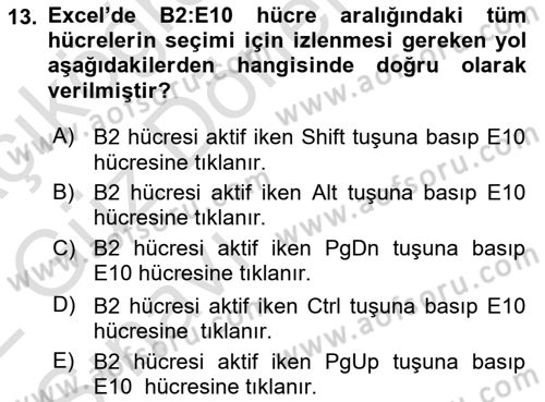 İşlem Tabloları Dersi Ara Sınavı Deneme Sınav Soruları 13. Soru