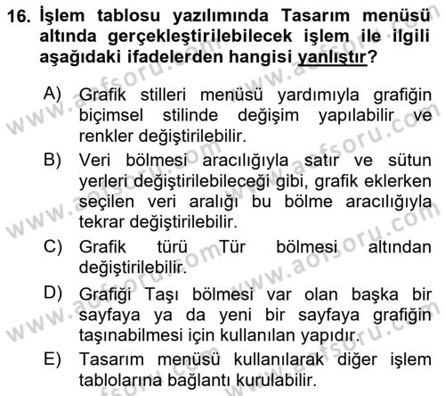 İşlem Tabloları Dersi Ara Sınavı Deneme Sınav Soruları 16. Soru