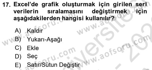 İşlem Tabloları Dersi 2021 - 2022 Yılı (Vize) Ara Sınav Soruları 17. Soru