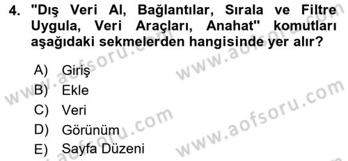 İşlem Tabloları Dersi Ara Sınavı Deneme Sınav Soruları 4. Soru