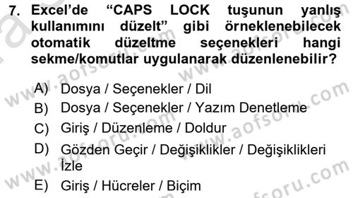 İşlem Tabloları Dersi 2021 - 2022 Yılı (Vize) Ara Sınav Soruları 7. Soru