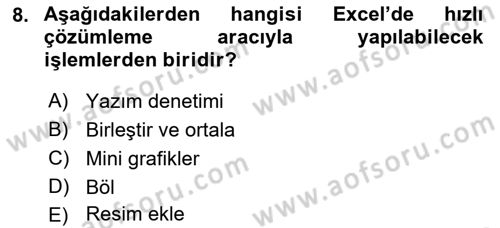 İşlem Tabloları Dersi Ara Sınavı Deneme Sınav Soruları 8. Soru