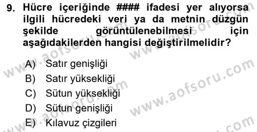 İşlem Tabloları Dersi Ara Sınavı Deneme Sınav Soruları 9. Soru