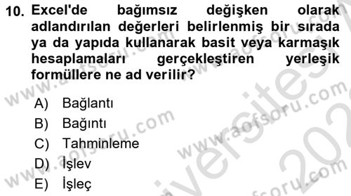 İşlem Tabloları Dersi 2021 - 2022 Yılı (Final) Dönem Sonu Sınav Soruları 10. Soru