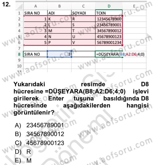 İşlem Tabloları Dersi 2021 - 2022 Yılı (Final) Dönem Sonu Sınav Soruları 12. Soru