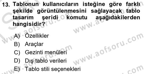 İşlem Tabloları Dersi 2021 - 2022 Yılı (Final) Dönem Sonu Sınavı 13. Soru