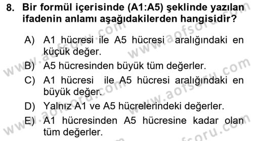 İşlem Tabloları Dersi 2021 - 2022 Yılı (Final) Dönem Sonu Sınav Soruları 8. Soru
