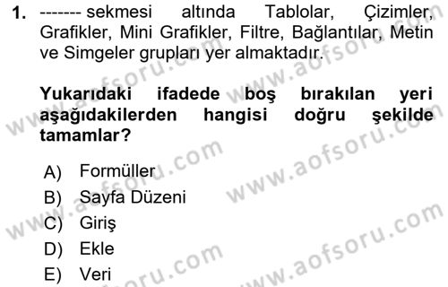 İşlem Tabloları Dersi 2021 - 2022 Yılı Yaz Okulu Sınav Soruları 1. Soru