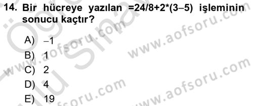 İşlem Tabloları Dersi 2021 - 2022 Yılı Yaz Okulu Sınav Soruları 14. Soru