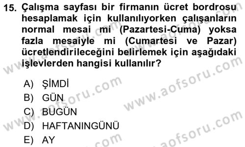 İşlem Tabloları Dersi 2021 - 2022 Yılı Yaz Okulu Sınav Soruları 15. Soru