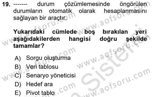 İşlem Tabloları Dersi 2021 - 2022 Yılı Yaz Okulu Sınav Soruları 19. Soru