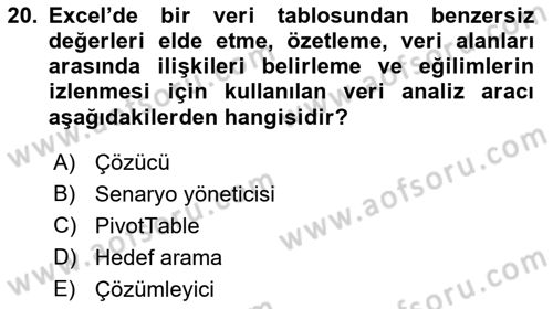 İşlem Tabloları Dersi 2021 - 2022 Yılı Yaz Okulu Sınav Soruları 20. Soru