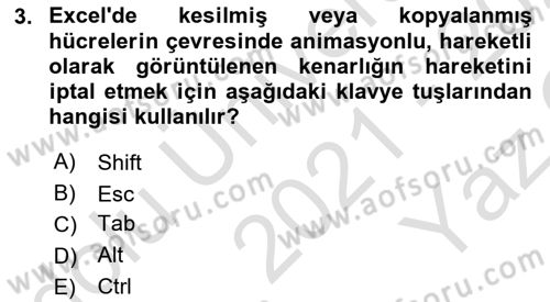 İşlem Tabloları Dersi 2021 - 2022 Yılı Yaz Okulu Sınav Soruları 3. Soru