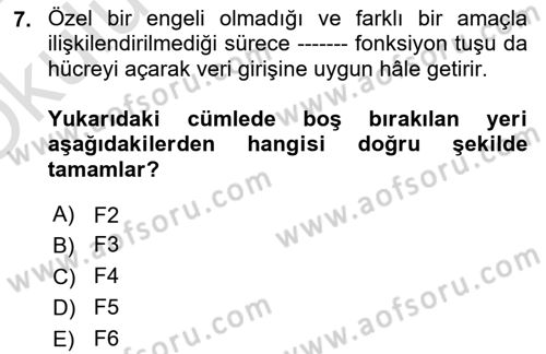 İşlem Tabloları Dersi 2021 - 2022 Yılı Yaz Okulu Sınav Soruları 7. Soru
