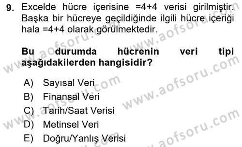 İşlem Tabloları Dersi 2021 - 2022 Yılı Yaz Okulu Sınav Soruları 9. Soru