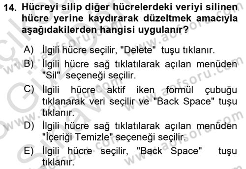 İşlem Tabloları Dersi 2022 - 2023 Yılı (Vize) Ara Sınav Soruları 14. Soru