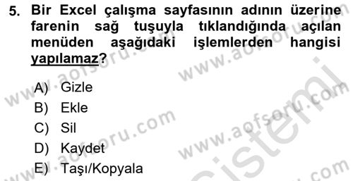 İşlem Tabloları Dersi 2022 - 2023 Yılı (Vize) Ara Sınav Soruları 5. Soru