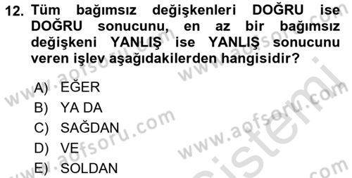 İşlem Tabloları Dersi 2022 - 2023 Yılı (Final) Dönem Sonu Sınav Soruları 12. Soru