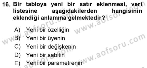 İşlem Tabloları Dersi 2022 - 2023 Yılı (Final) Dönem Sonu Sınav Soruları 16. Soru