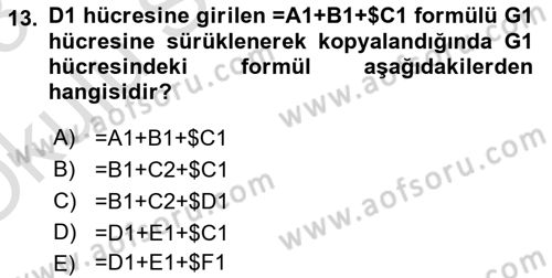İşlem Tabloları Dersi 2022 - 2023 Yılı Yaz Okulu Sınav Soruları 13. Soru