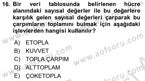İşlem Tabloları Dersi 2022 - 2023 Yılı Yaz Okulu Sınav Soruları 16. Soru