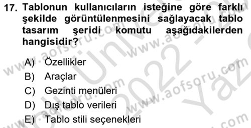 İşlem Tabloları Dersi 2022 - 2023 Yılı Yaz Okulu Sınav Soruları 17. Soru