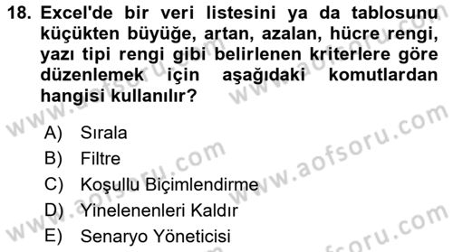 İşlem Tabloları Dersi 2022 - 2023 Yılı Yaz Okulu Sınav Soruları 18. Soru