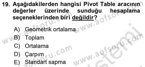 İşlem Tabloları Dersi 2022 - 2023 Yılı Yaz Okulu Sınav Soruları 19. Soru