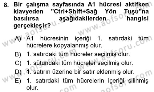 İşlem Tabloları Dersi 2022 - 2023 Yılı Yaz Okulu Sınav Soruları 8. Soru