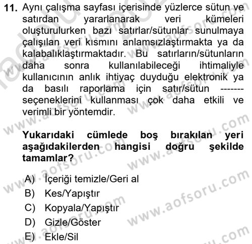 İşlem Tabloları Dersi Ara Sınavı Deneme Sınav Soruları 11. Soru