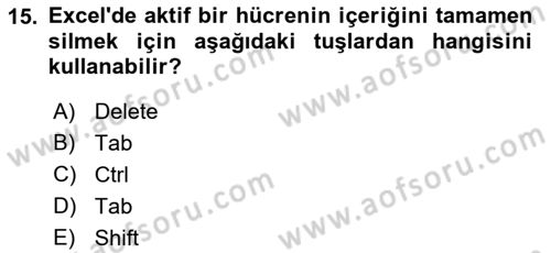 İşlem Tabloları Dersi 2023 - 2024 Yılı (Vize) Ara Sınav Soruları 15. Soru