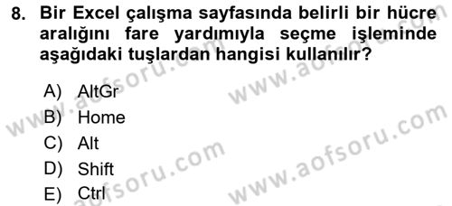 İşlem Tabloları Dersi Ara Sınavı Deneme Sınav Soruları 8. Soru