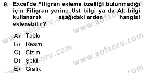 İşlem Tabloları Dersi 2023 - 2024 Yılı (Vize) Ara Sınav Soruları 9. Soru