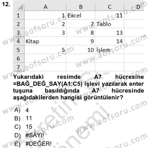 İşlem Tabloları Dersi 2023 - 2024 Yılı (Final) Dönem Sonu Sınav Soruları 12. Soru