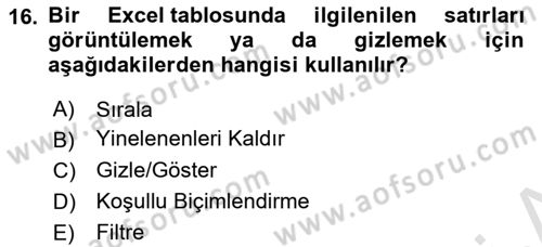 İşlem Tabloları Dersi 2023 - 2024 Yılı (Final) Dönem Sonu Sınav Soruları 16. Soru
