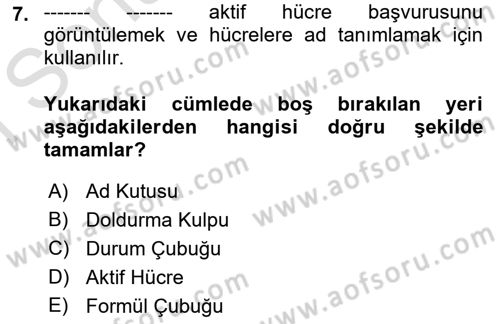 İşlem Tabloları Dersi 2023 - 2024 Yılı (Final) Dönem Sonu Sınav Soruları 7. Soru