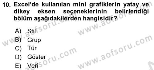 İşlem Tabloları Dersi 2023 - 2024 Yılı Yaz Okulu Sınavı 10. Soru