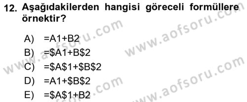 İşlem Tabloları Dersi 2023 - 2024 Yılı Yaz Okulu Sınav Soruları 12. Soru