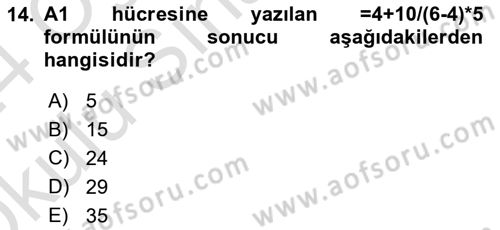 İşlem Tabloları Dersi 2023 - 2024 Yılı Yaz Okulu Sınav Soruları 14. Soru