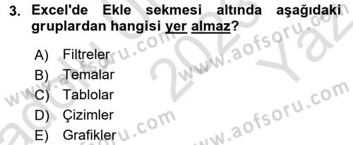 İşlem Tabloları Dersi 2023 - 2024 Yılı Yaz Okulu Sınav Soruları 3. Soru