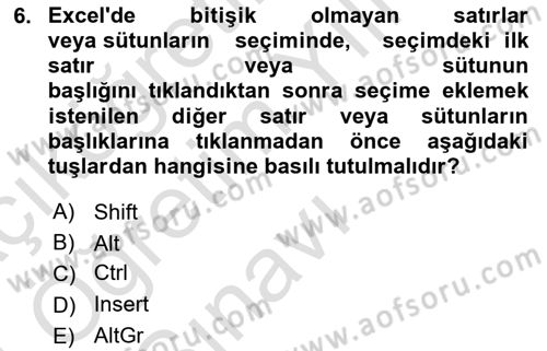 İşlem Tabloları Dersi 2023 - 2024 Yılı Yaz Okulu Sınavı 6. Soru