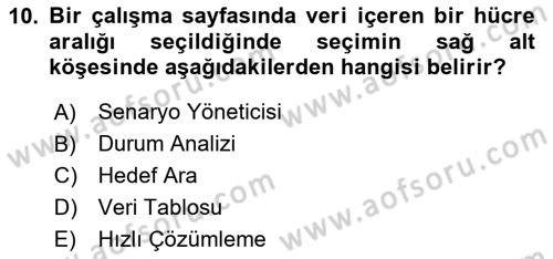 İşlem Tabloları Dersi Ara Sınavı Deneme Sınav Soruları 10. Soru